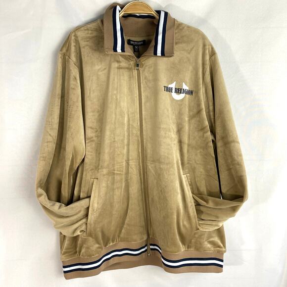True Religion Velour Track Jacket Men XL Tan Y2K Retro World Tour Full Zip NWT